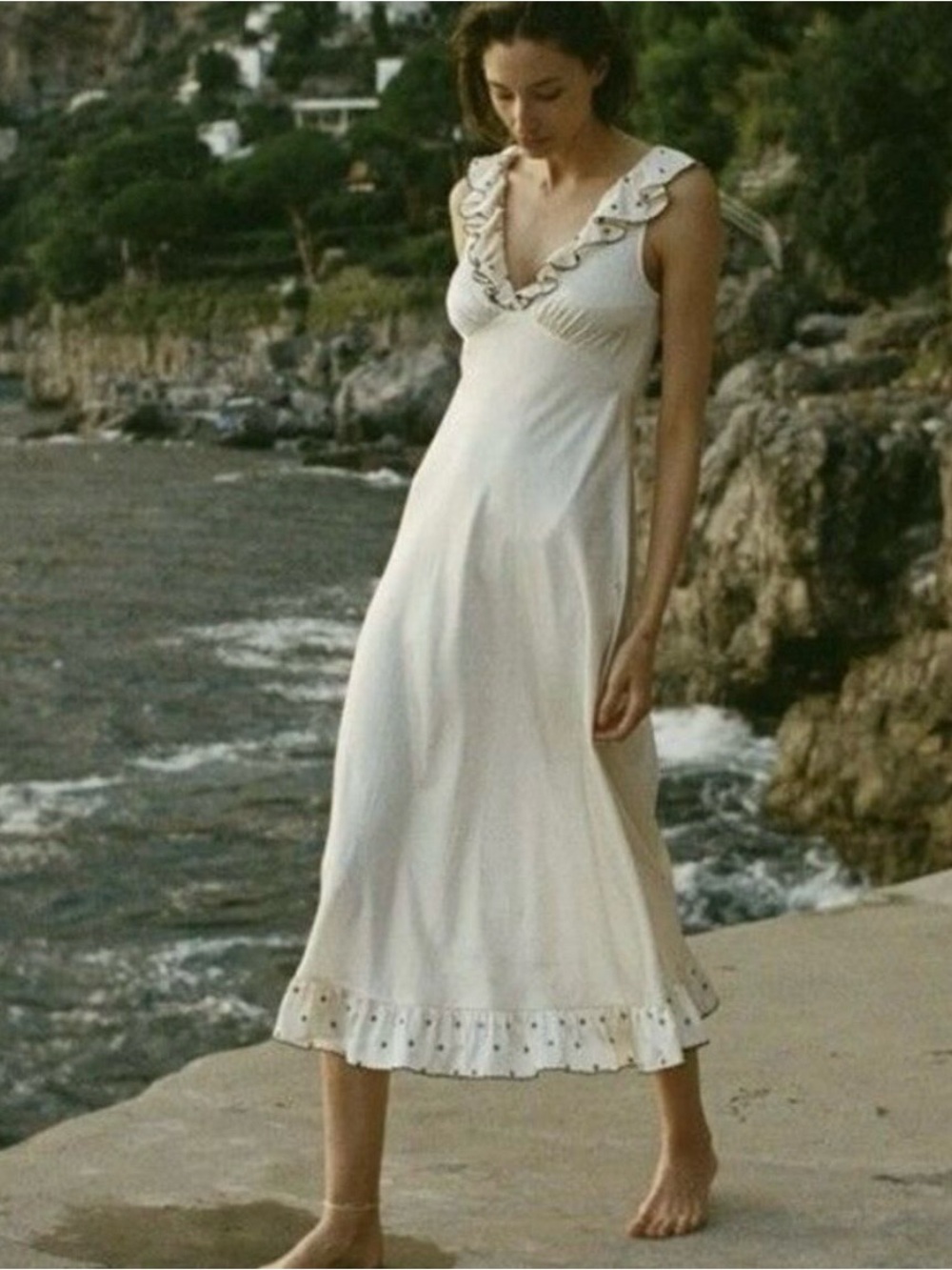 Caroline Constas Cream Ruffle-Trim Midi Dress